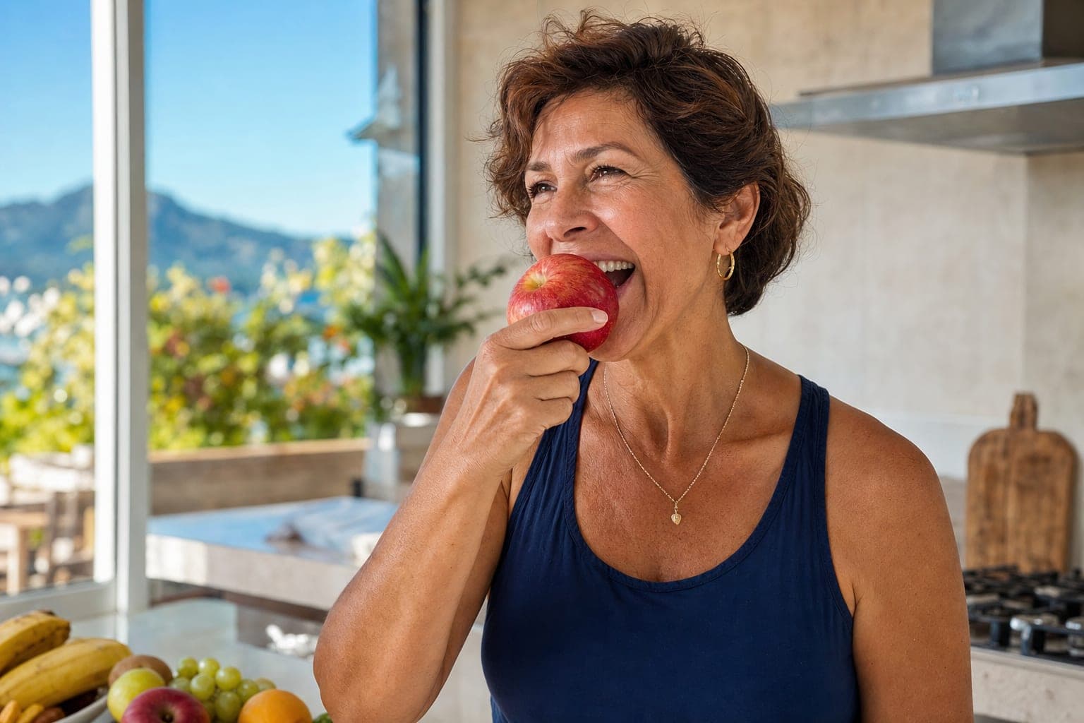 Mulher madura sorrindo, com qualidade de vida restaurada após o implante dentário